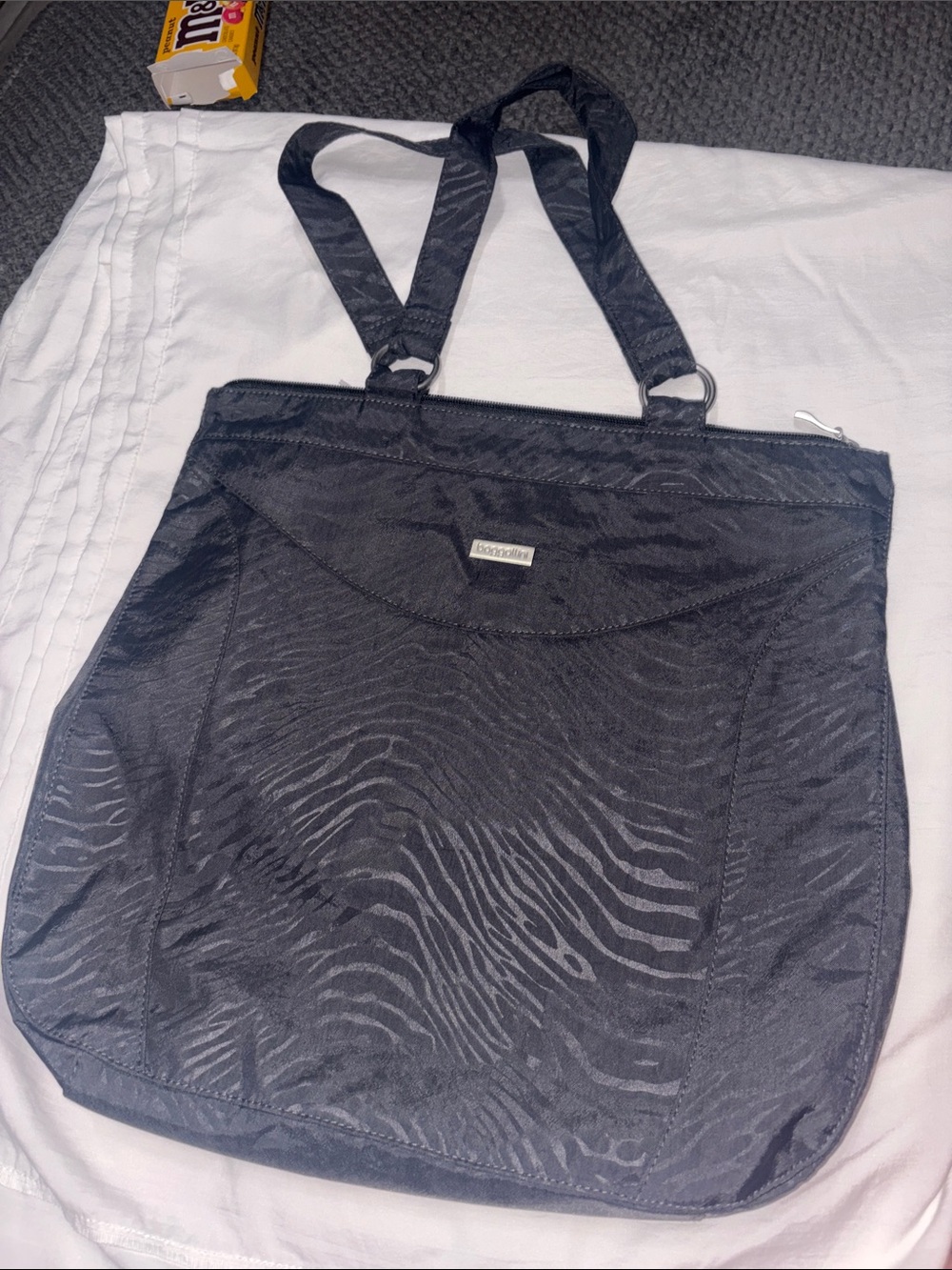 Baggallini Black Zebra-Textured Messenger Tote NEW